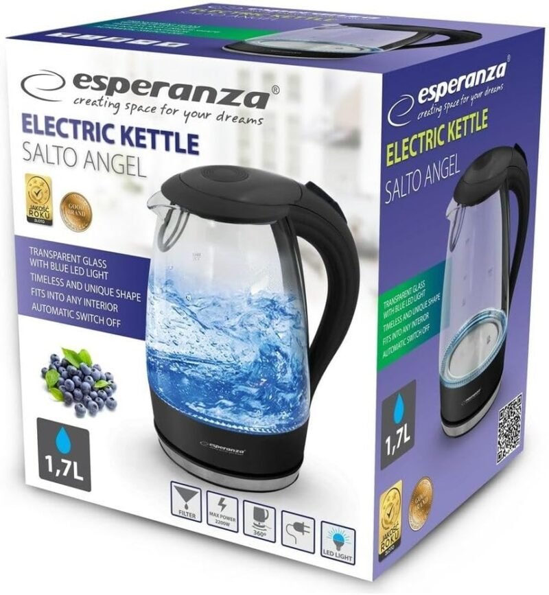 Esperanza SALTO ANGEL EKK011K მინის ელექტრო ჩაიდანი ლურჯი LED განათებით