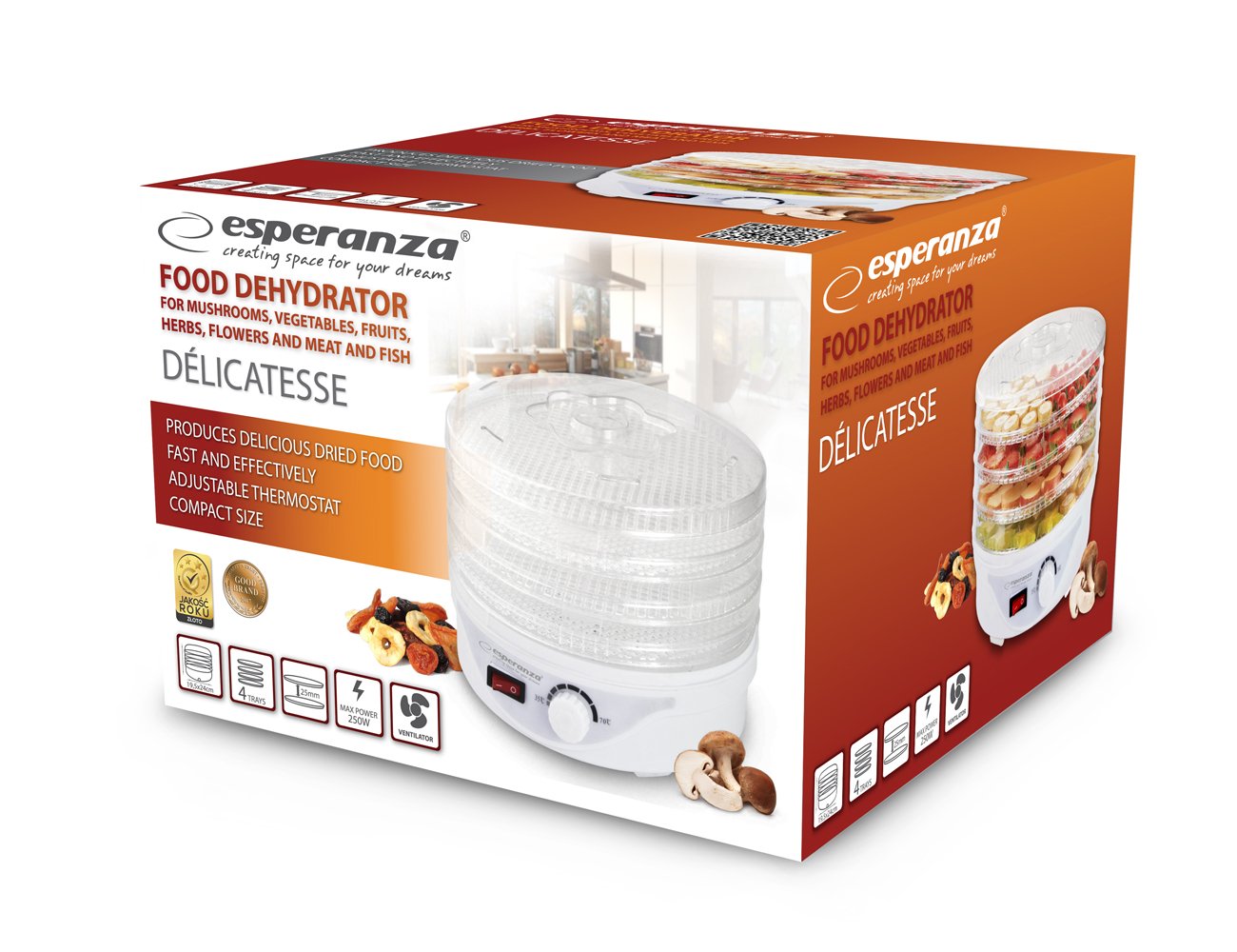 დეჰიდრატორი Esperanza DELICATESSE EKD003 (250W, 4 თარო) - კომპაქტური ჩირის აპარატი - Image 4
